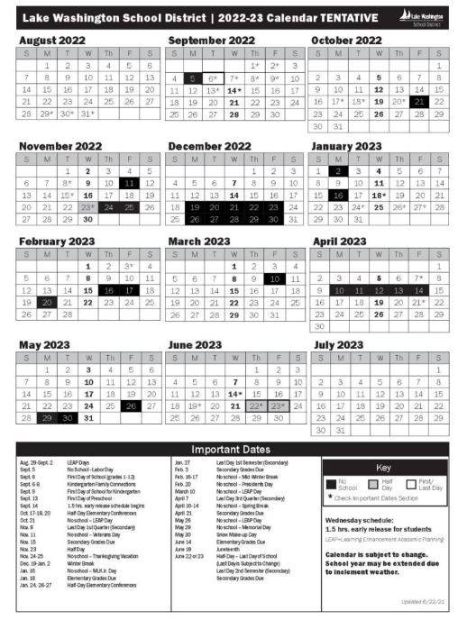 Lake Washington School District Calendar 2022-2023